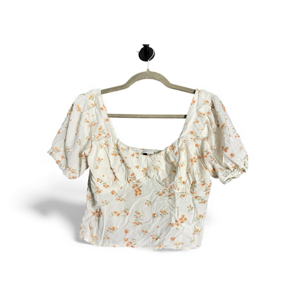 Cropped Peasant Normcore Cottagecore Cream Orange Green Floral Blouse Top Medium